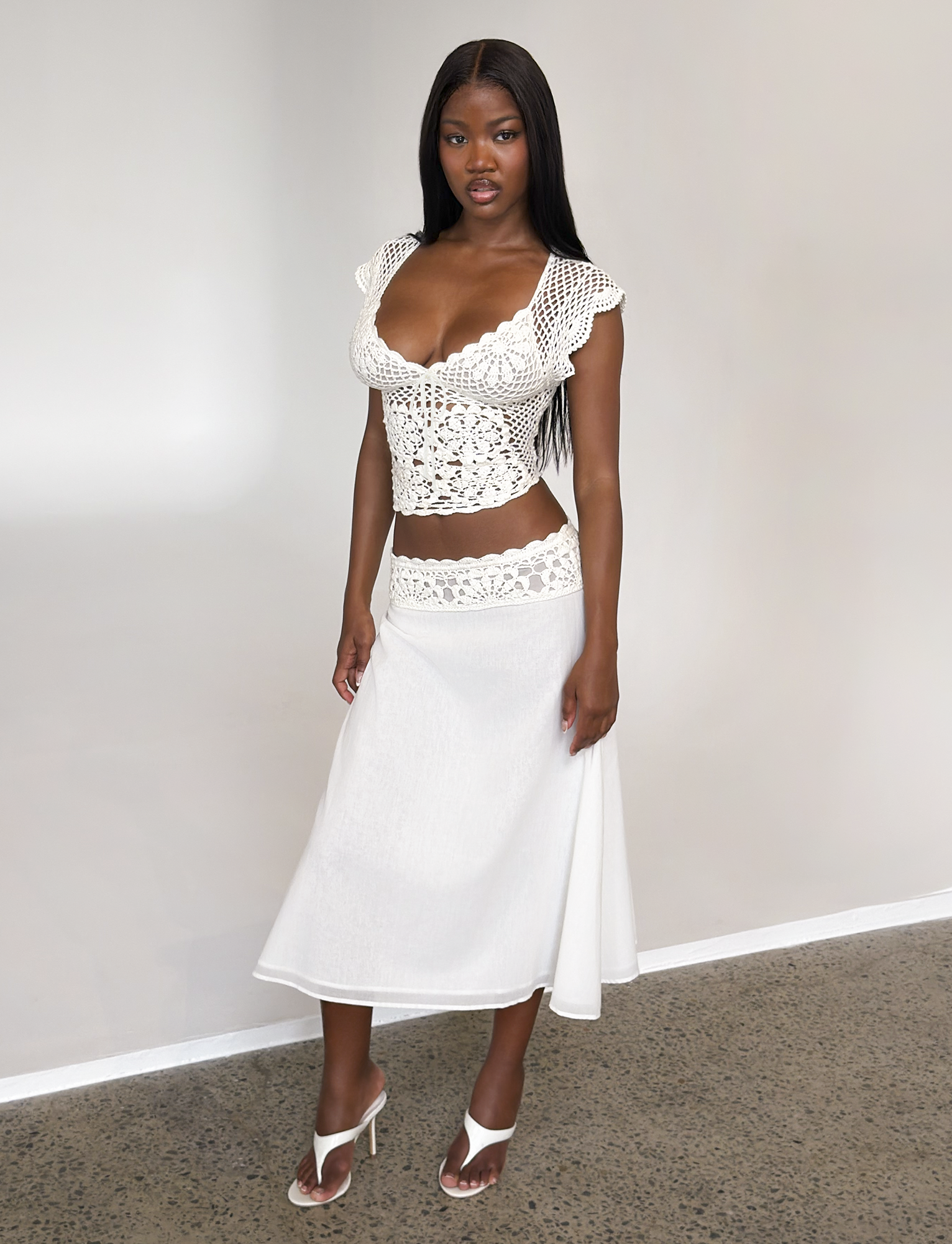 SASHA CROCHET MIDI SKIRT - IVORY - Image 3
