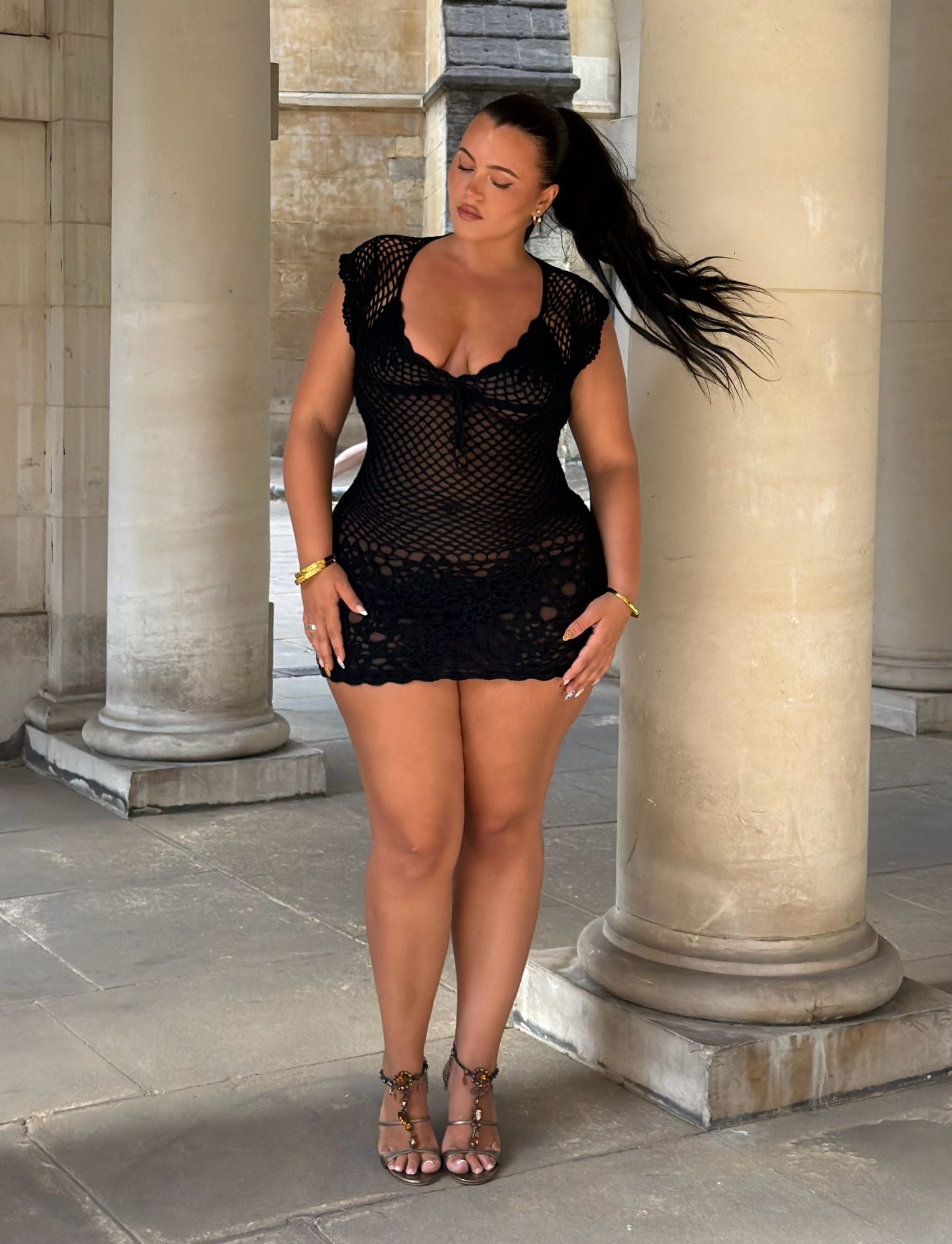 SASHA CROCHET MINI DRESS - BLACK - Image 5